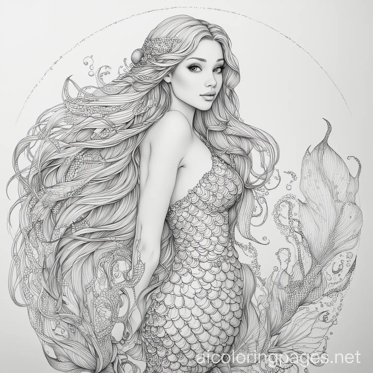 mermaid, Coloring Page, black and white, line art, white background, Simplicity, Ample White Space. The background of the coloring page is plain white to make it easy for young children to color within the lines. The outlines of all the subjects are easy to distinguish, making it simple for kids to color without too much difficulty