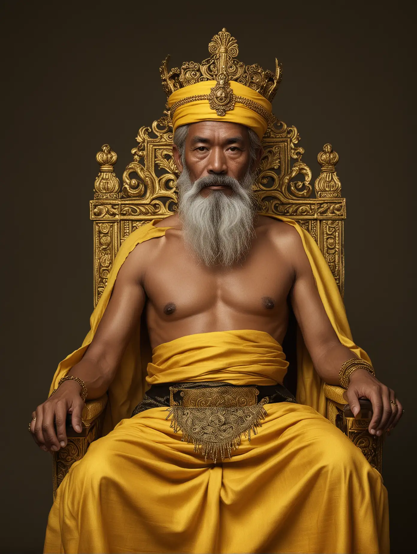 the male king of Indonesia is 65 years old and has dark skin and mascular, long gray hair, thick gray mustache and long beard, shirtless wearing  yellow cloth, sitting on a gold and yellow throne. black background