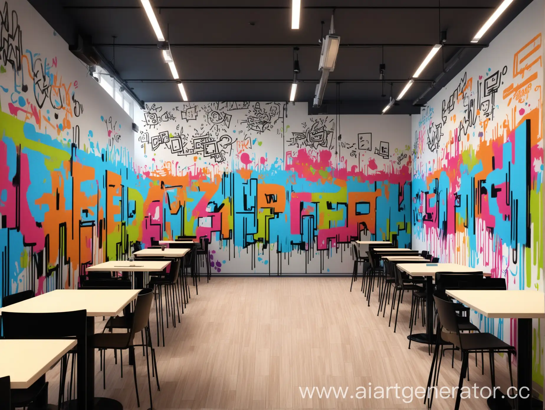 горизонтальное граффити на стене indoors, рисунок на стене в помещении, разноцветный и интересный сюжет, находится возле кафе или столовой, академия дизайна и программирования, яркий и современный стиль, дизайн, программирование