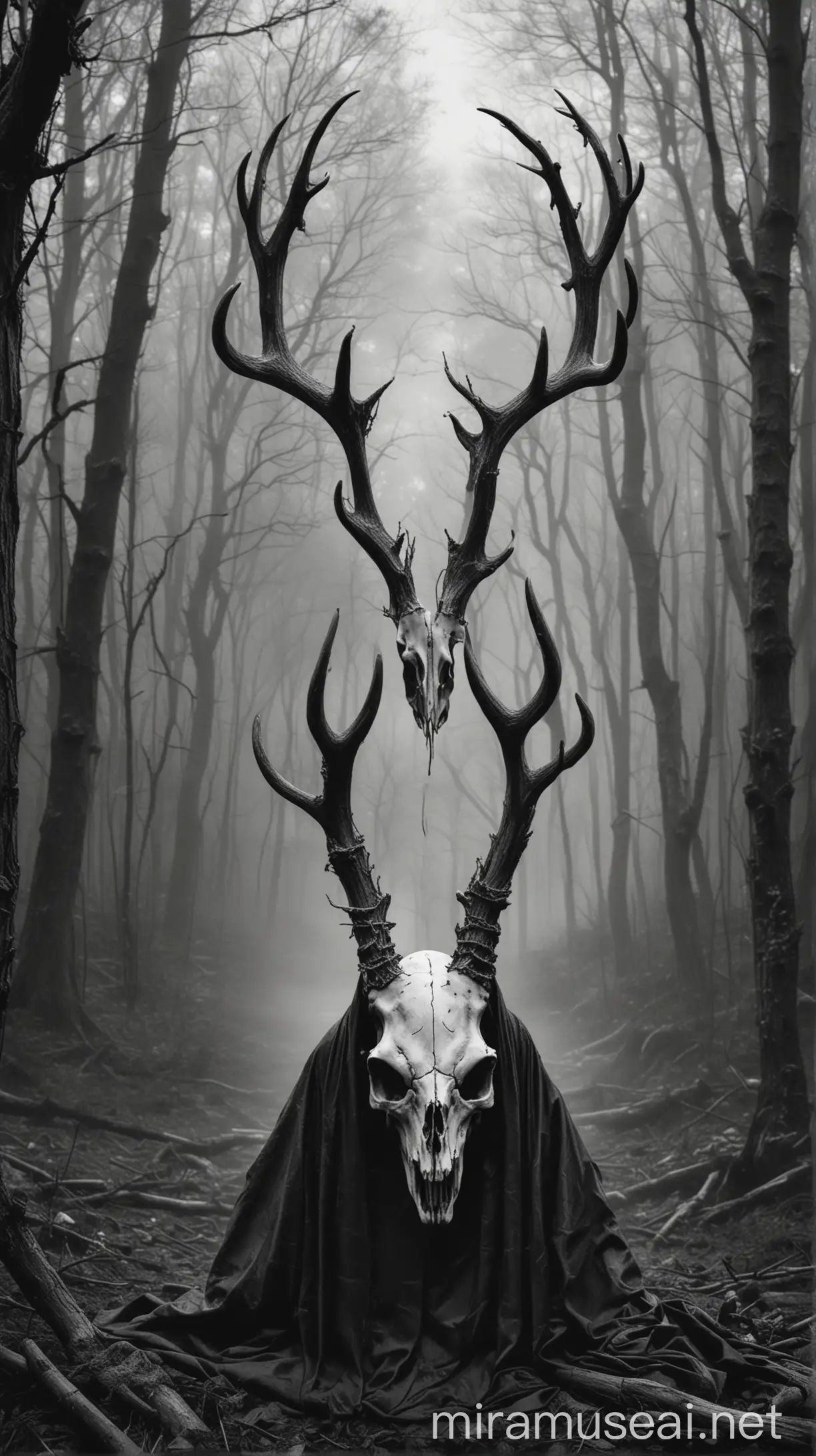 deer skull death in black robe made with black and white sketch in gloomy foggy dark forest 