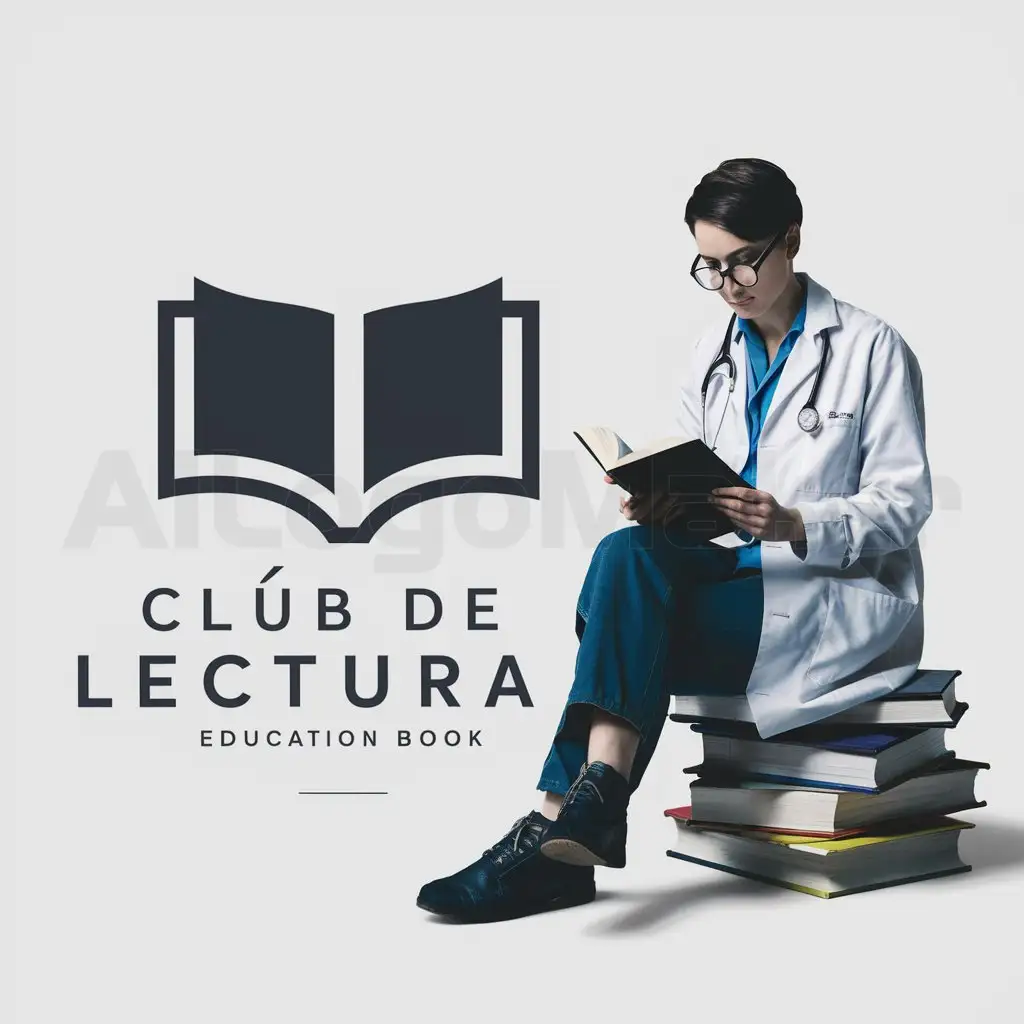 a logo design,with the text "Club de Lectura", main symbol:book, person reading with doctors' coats and sitting on books, glasses,complex,be used in Education industry,clear background