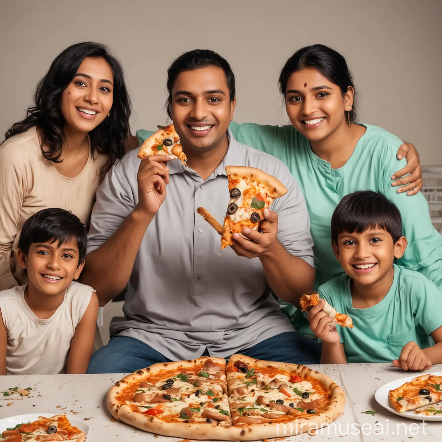 man eating pizza, indian man with his family