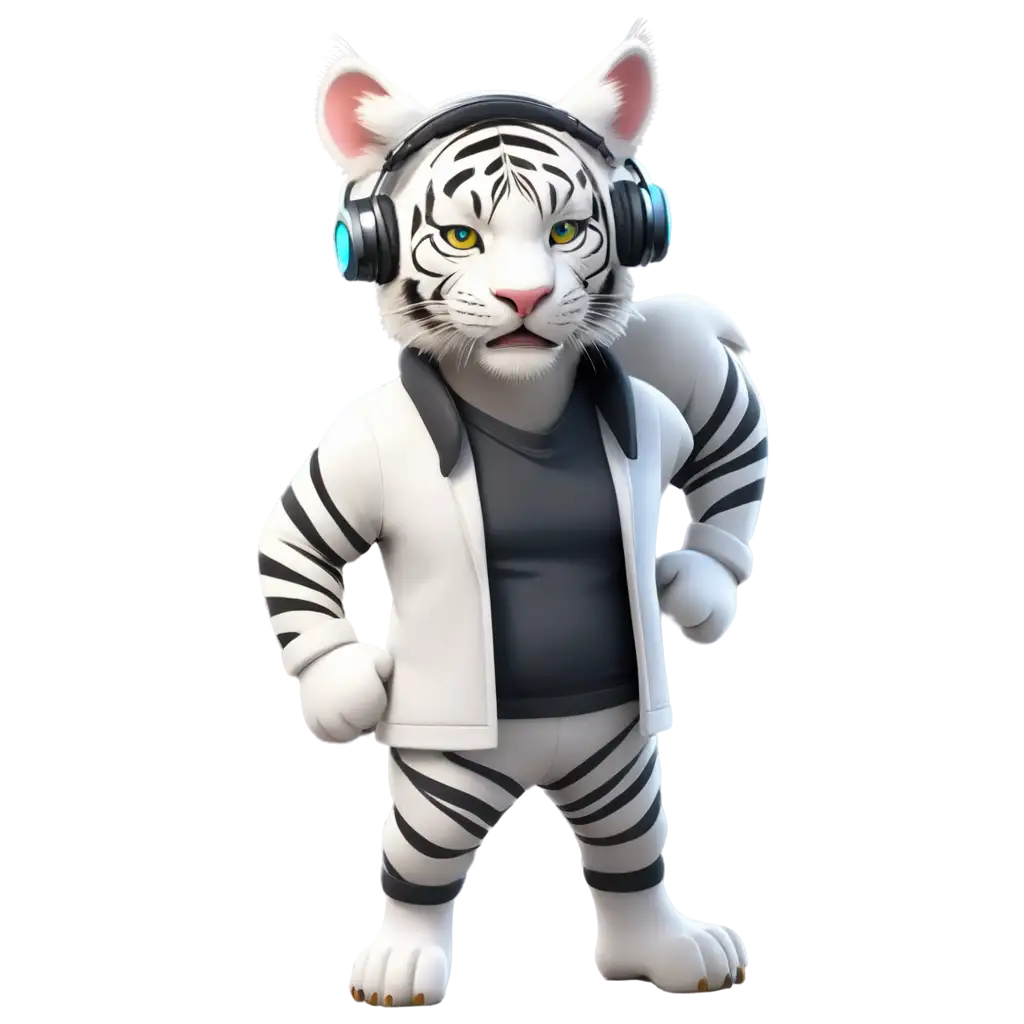 cartoon white tiger with glowing eyes wearing headphones
