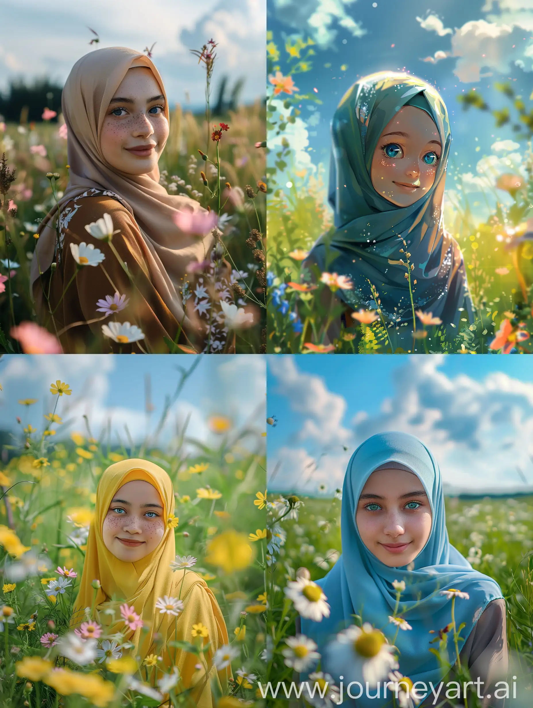 Smiling-Indonesian-Girl-in-Hijab-Standing-in-Beautiful-Field-with-Flowers