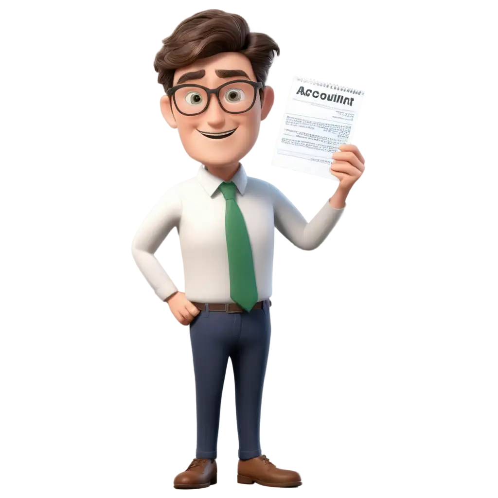 Cartoon image of an middleman accountant with brown hair and green eyes wearing a glasses who wears a blue tie with  many paper reports in his hands 