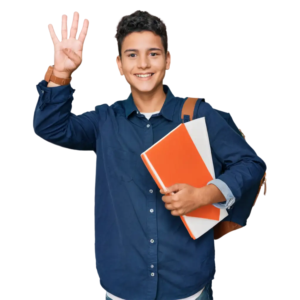 a student boy directing his hand to left with  a smile on his face