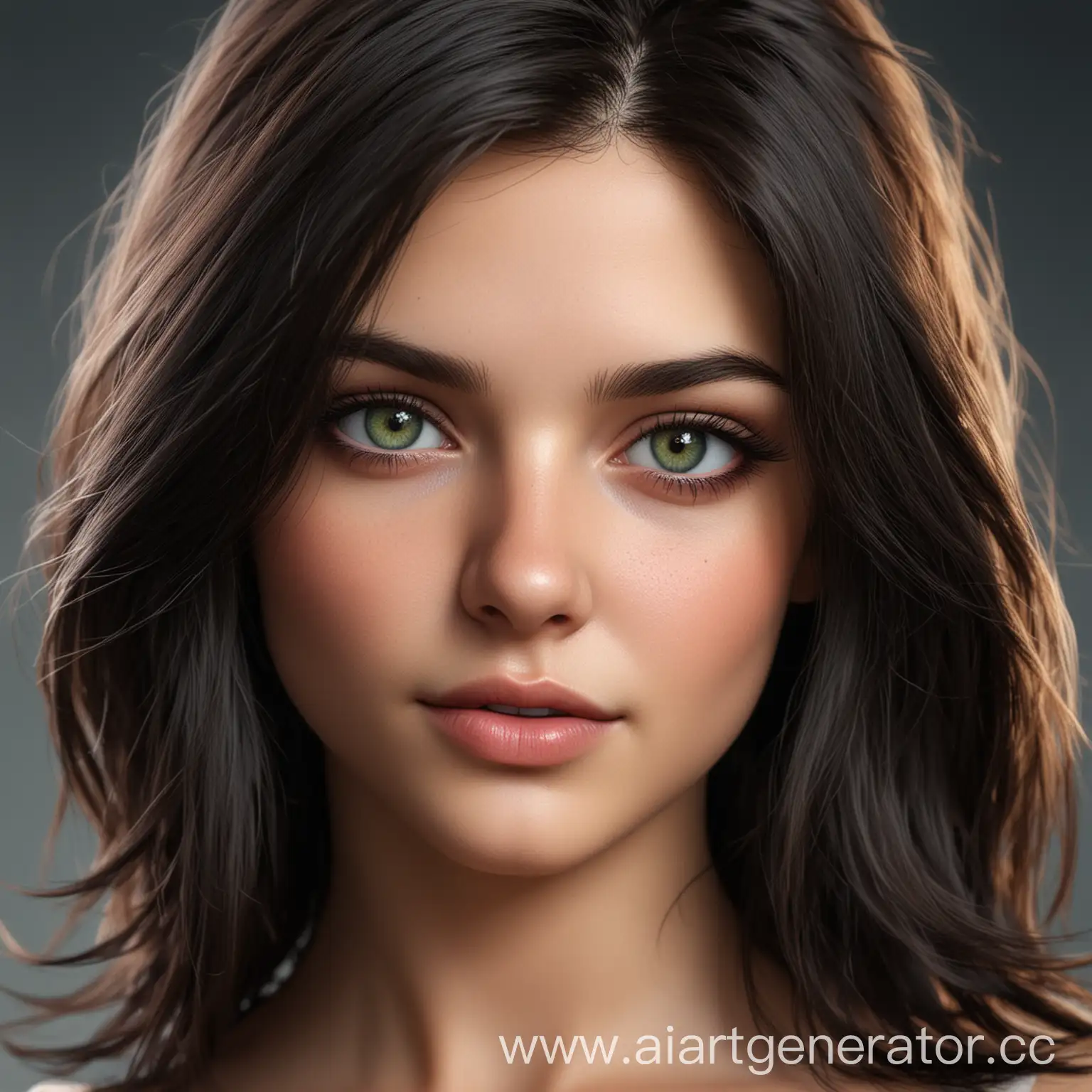 Realistic pretty girl with green eyes and shoulder length dark hair