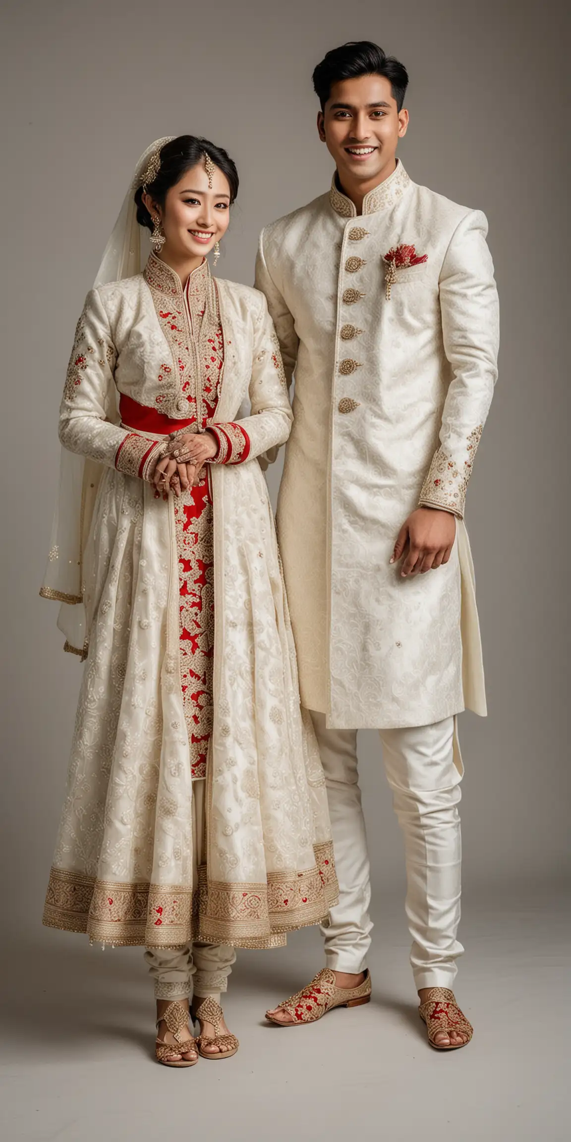  bride in white korean outfit, indian groom in wedding sherwani and shoes