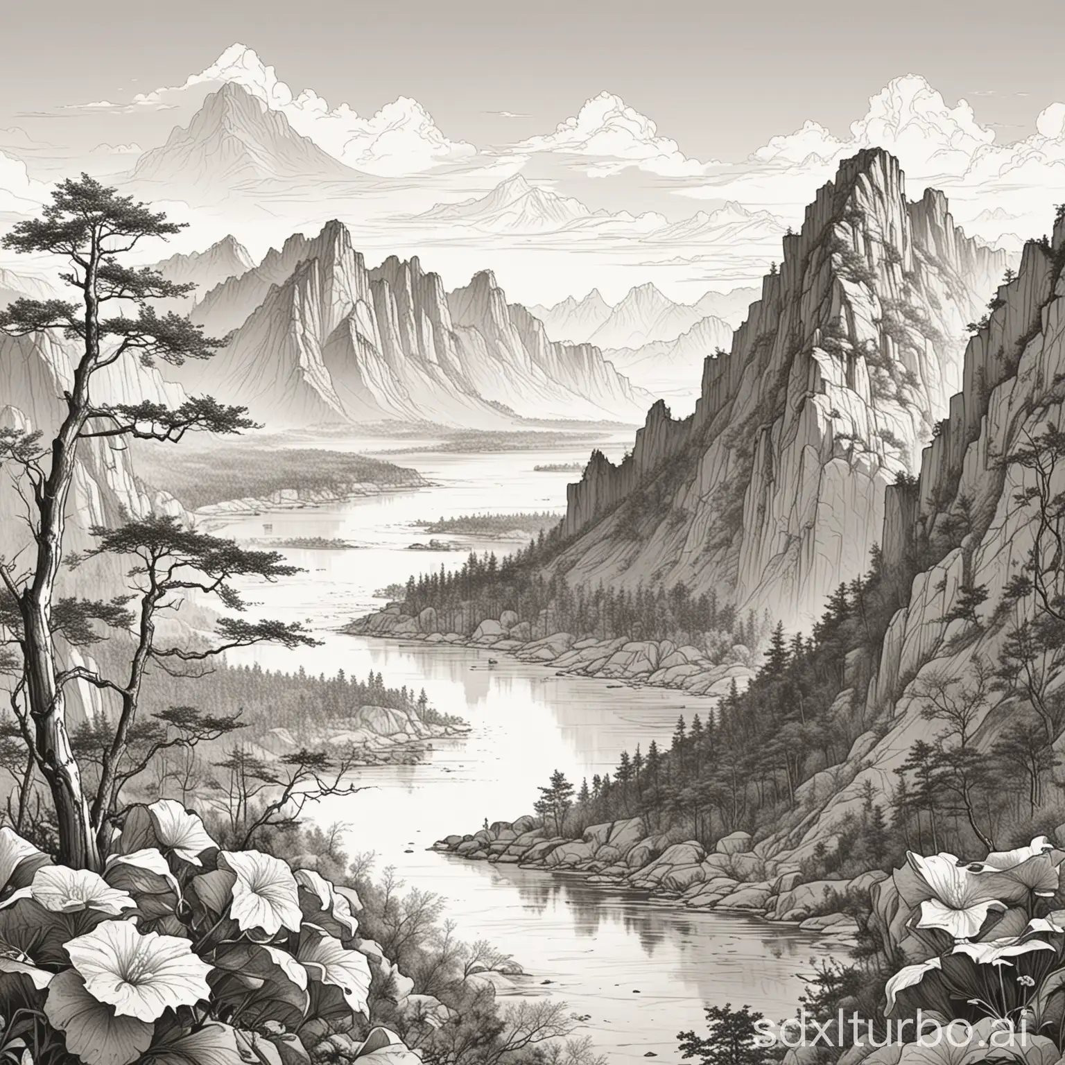 China Changbai Mountain, illustration line art, borderless, artistic, the main object is Changbai Mountain, there are mountains, rivers and trees