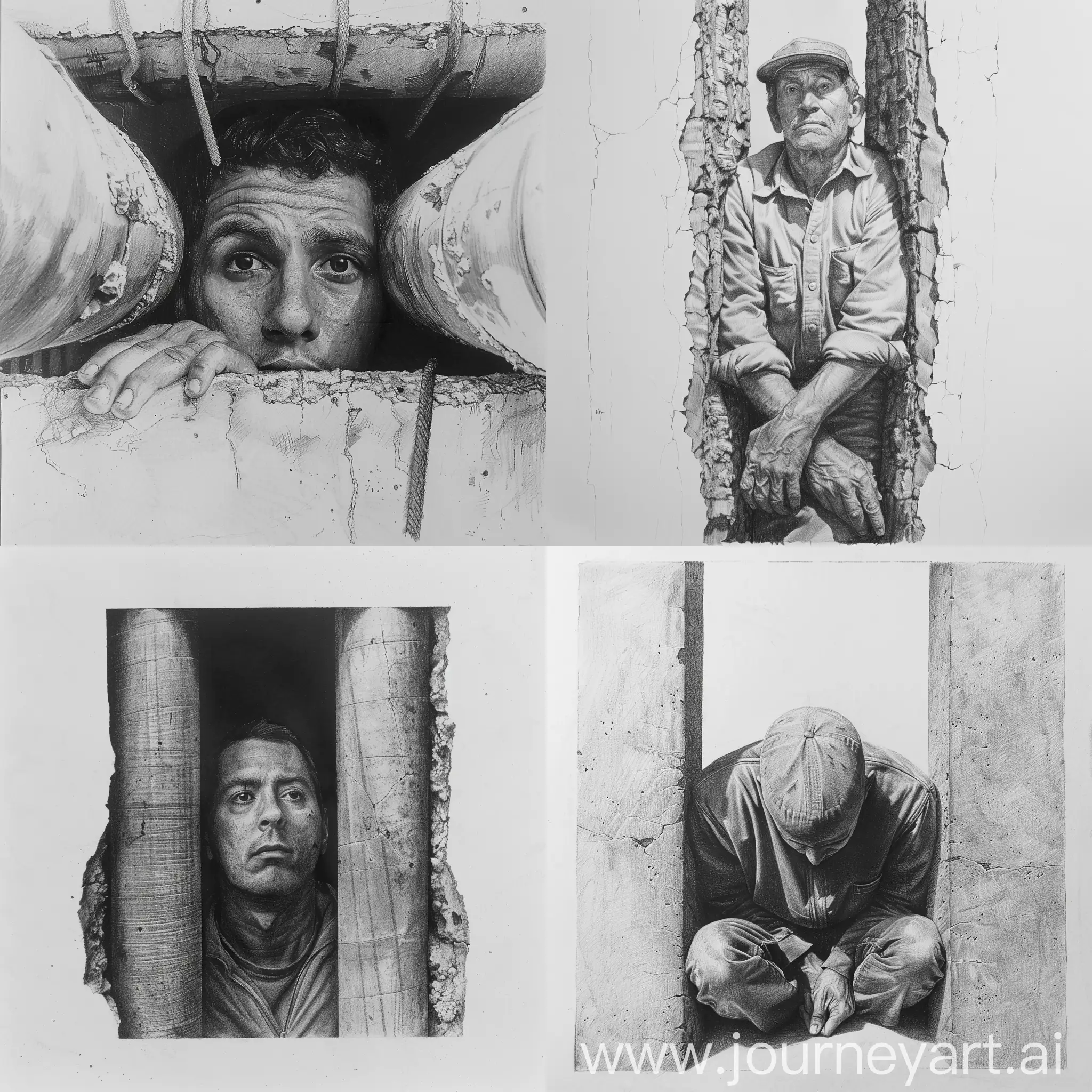 Pencil drawing of a man sandwiched between two shafts.