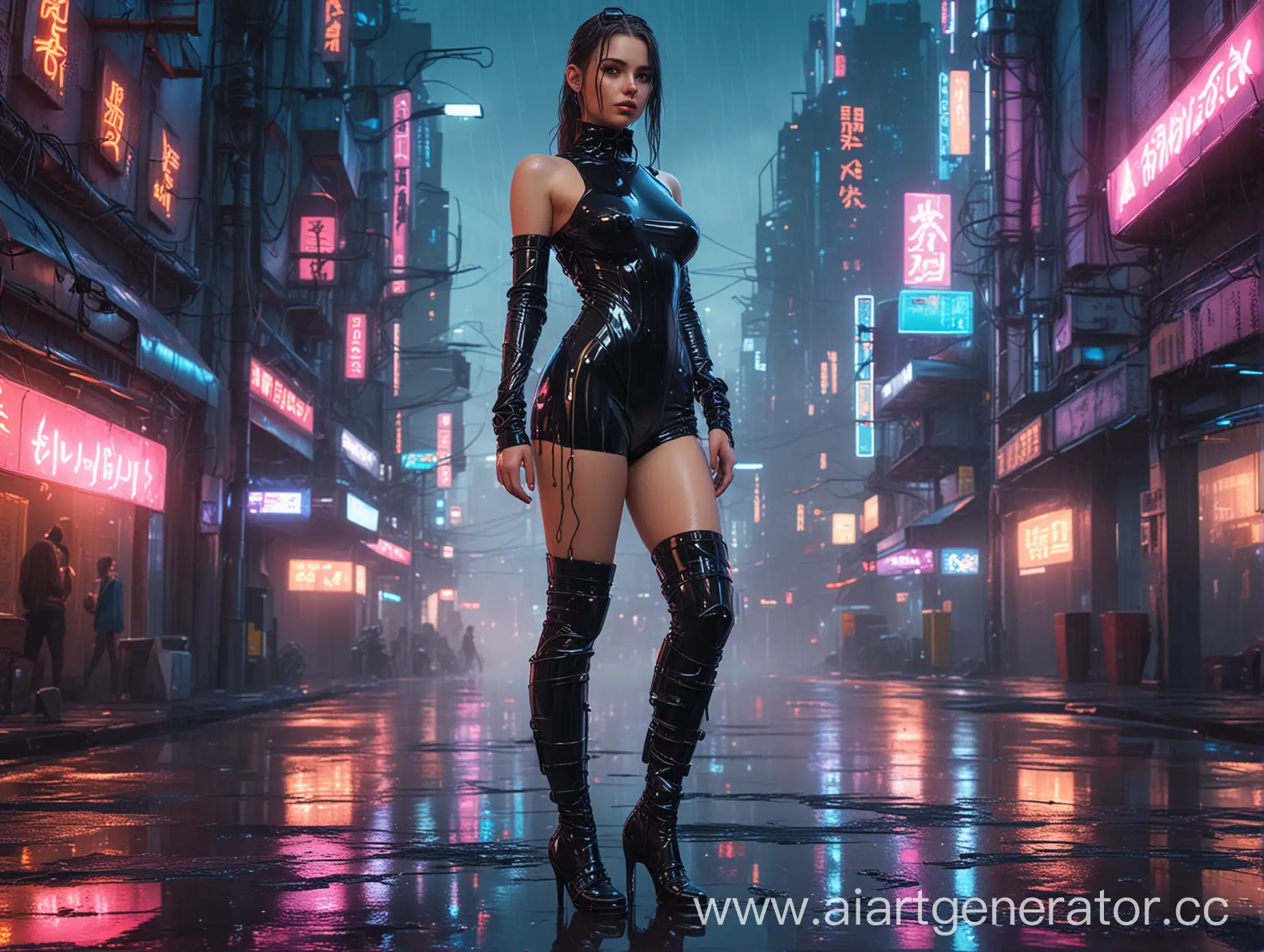 
Draw a 20 years old wonderful girl wearing wet looking translucent futuristic latex, full body shot, neon lighted cyberpunk city, bare feet 