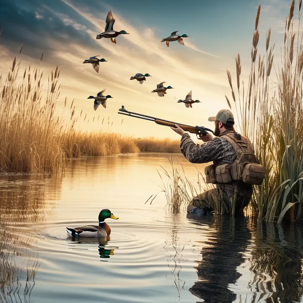 duck hunter in the water up to his chest in the reeds shooting at ducks in the sky