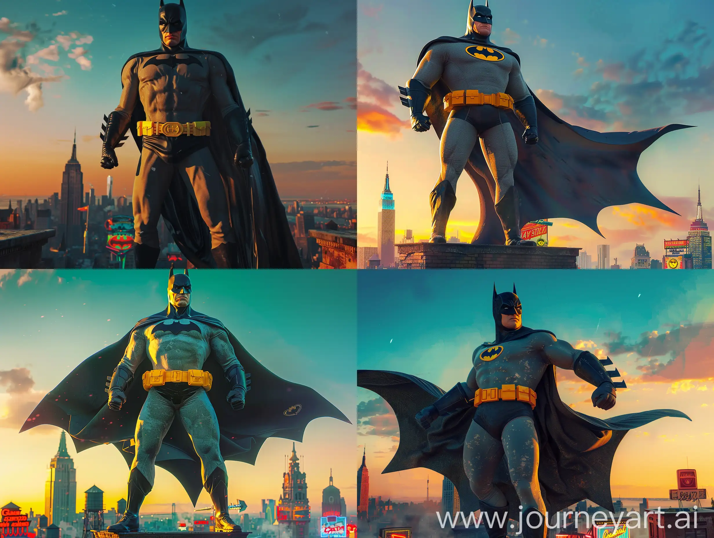 Create an image of Batman standing heroically on a Gotham City rooftop at sunset, with a vibrant, healthy, and colorful palette reminiscent of 1950s cinema. Incorporate the aesthetic of 70's Super Panavision, with a wide-angle composition and a shallow depth of field. Batman's costume should be inspired by the 1950s comic book era, with a bold, bright yellow utility belt and a cape that flows dramatically in the wind. The sky behind him should be a warm, gradient blue, with a few wispy clouds. The cityscape below should be a mix of art deco and gothic architecture, with neon signs and billboards adding a pop of color. Batman's facial expression should be confident and determined, with a hint of a smile. The overall mood should be one of optimism and heroism, capturing the essence of the 1950s Batman.* "Cinemascope aspect ratio"
* "Warm color grading"
* "Film grain texture"
* "Retro-futuristic cityscape"
* "Dynamic lighting"
* "Heroic pose"