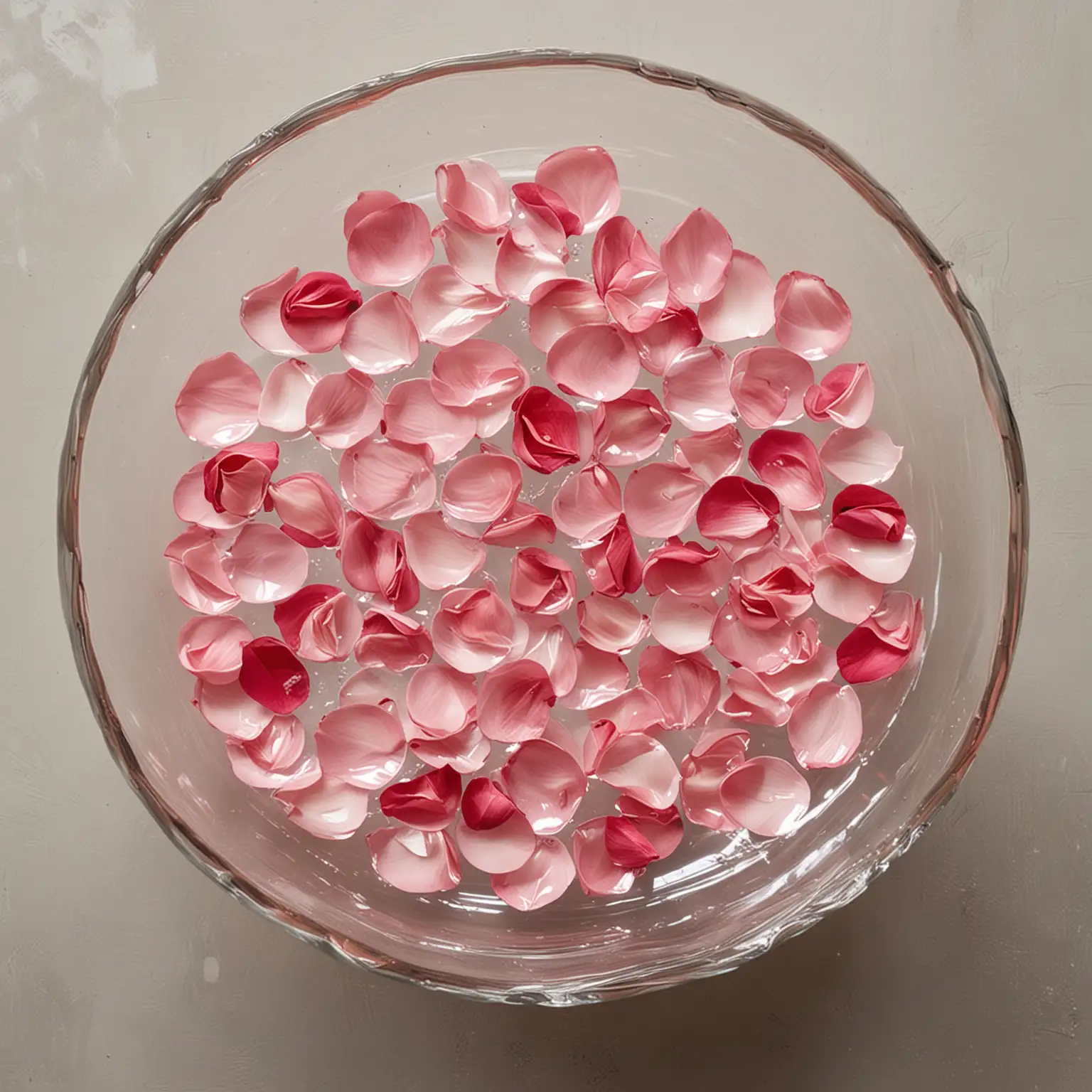 floating rose petals in wide disc shaped glass bowl