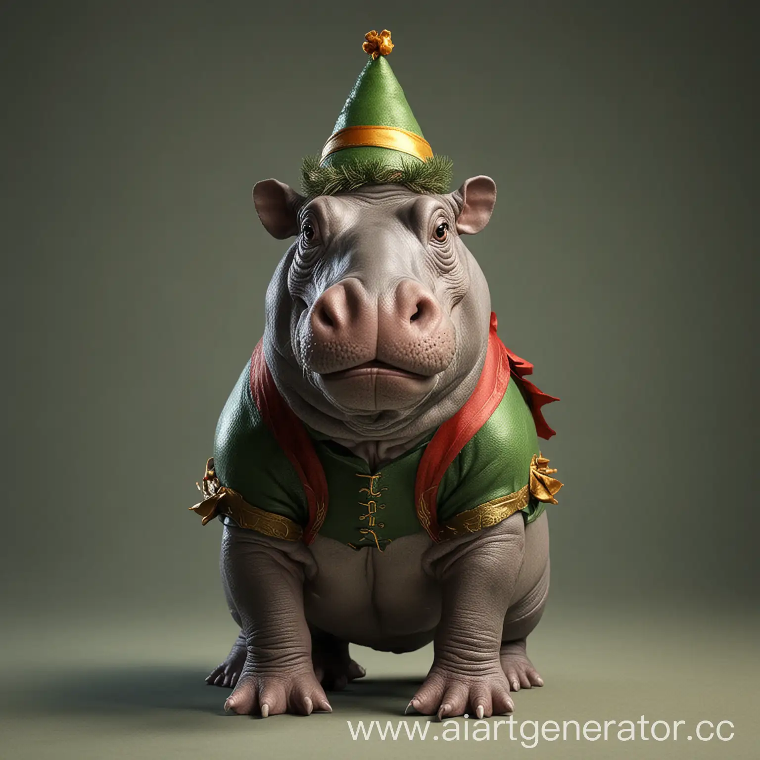 Create an image of a hippopotamus in the form of an elf. 