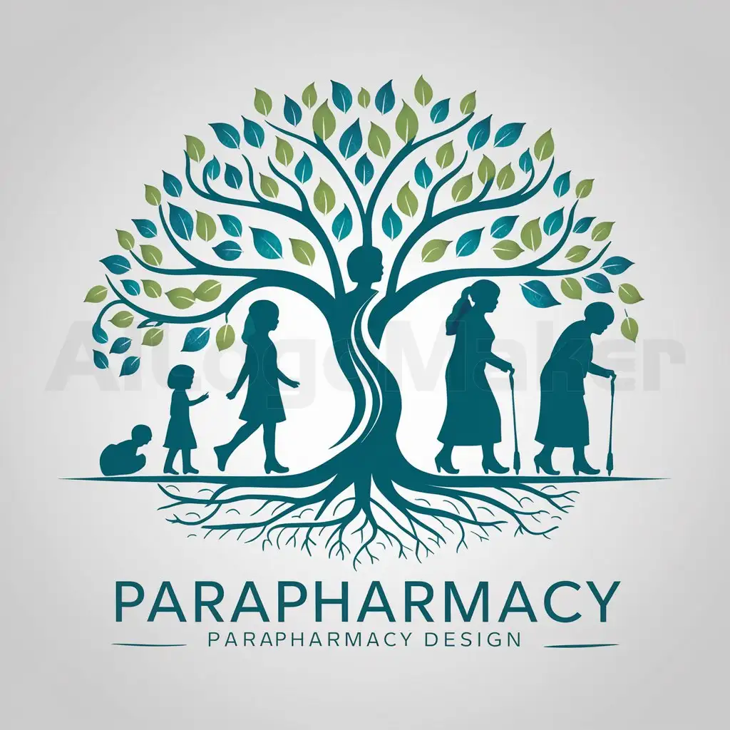 a logo design,with the text "Parapharmacie", main symbol:Create for me a logo for a parapharmacy with a baby girl who becomes a young girl then woman and old. I would like the color to be green with shades of blue with a tree of life,complex,clear background