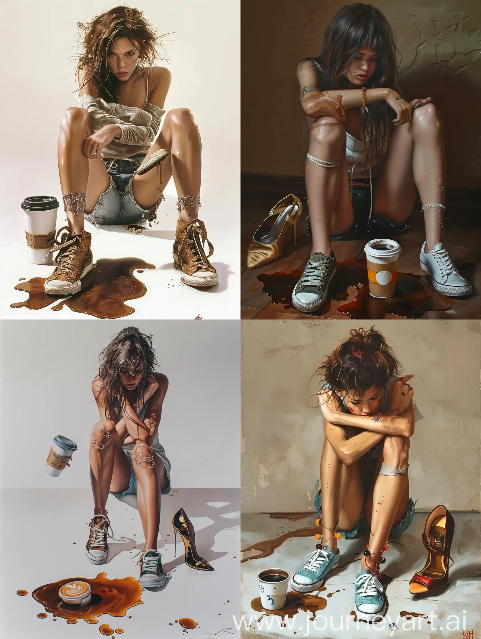 une femme décoiffée croisant les jambes et portant des chaussures dépareillées, une basket et un escarpin avec une tasse à café renversée au sol

