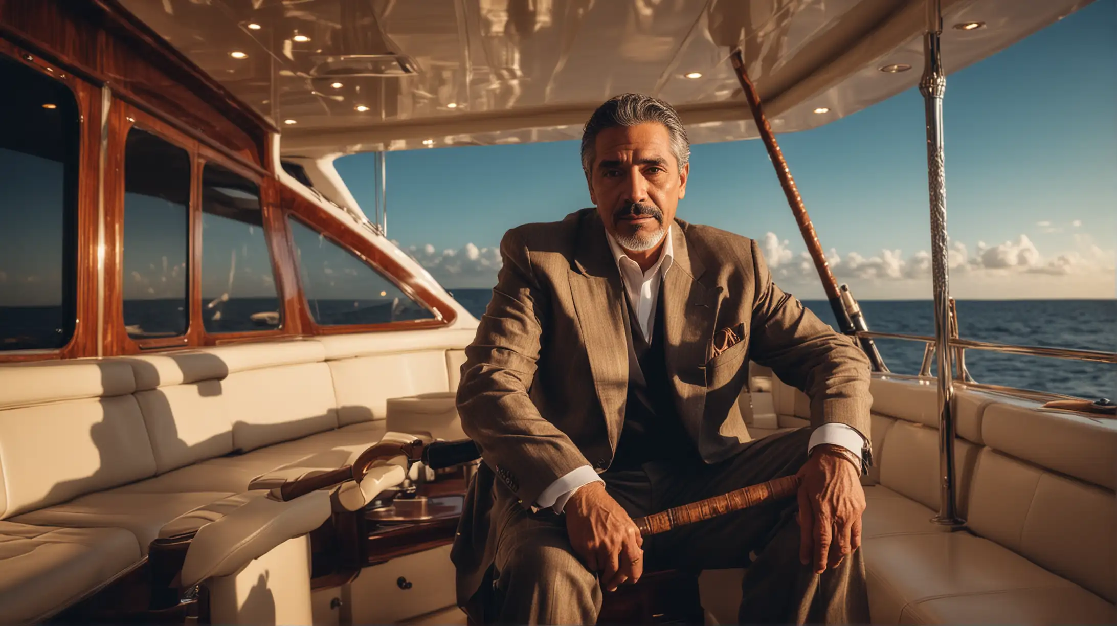 a middle age hispanic man with a cane sitting on a massive luxurious yacht, vibrant colors, dramatic lighting