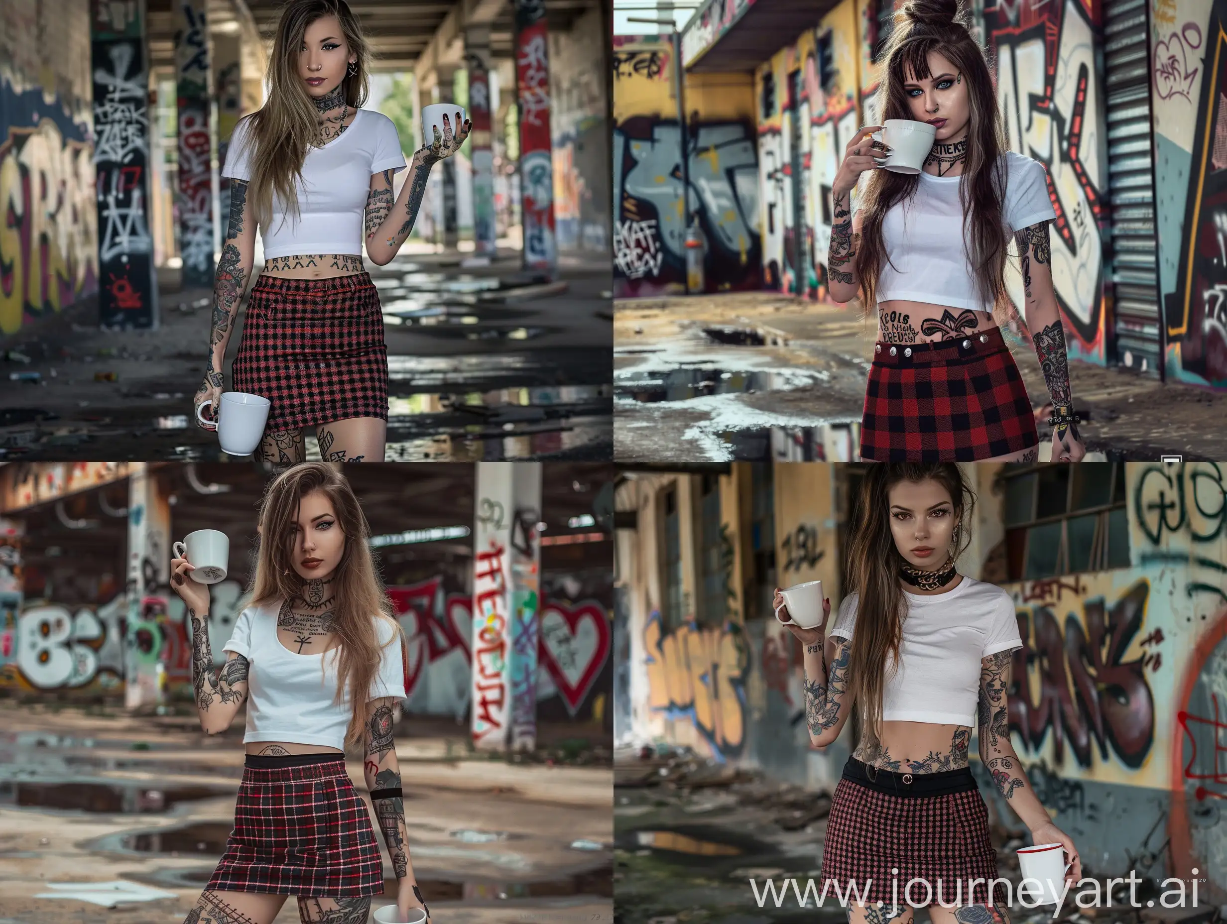 ```vbnet Subject: A 25-year-old woman with an alternative style and tattoos, wearing a short white t-shirt and a black and red checkered skirt, holding a white porcelain mug with long hair, holding the mug lower with the left hand, and the other hand on the waist, without imperfections. Type of Image: Ultra-realistic photograph Art Styles: Realistic Art Inspirations: None specified Camera: Nikon Z9 Lens: Nikon NIKKOR Z 85mm f/1.2 S Shot: Medium lateral angle Background: Alternative urban area with graffiti, rebellious atmosphere ```