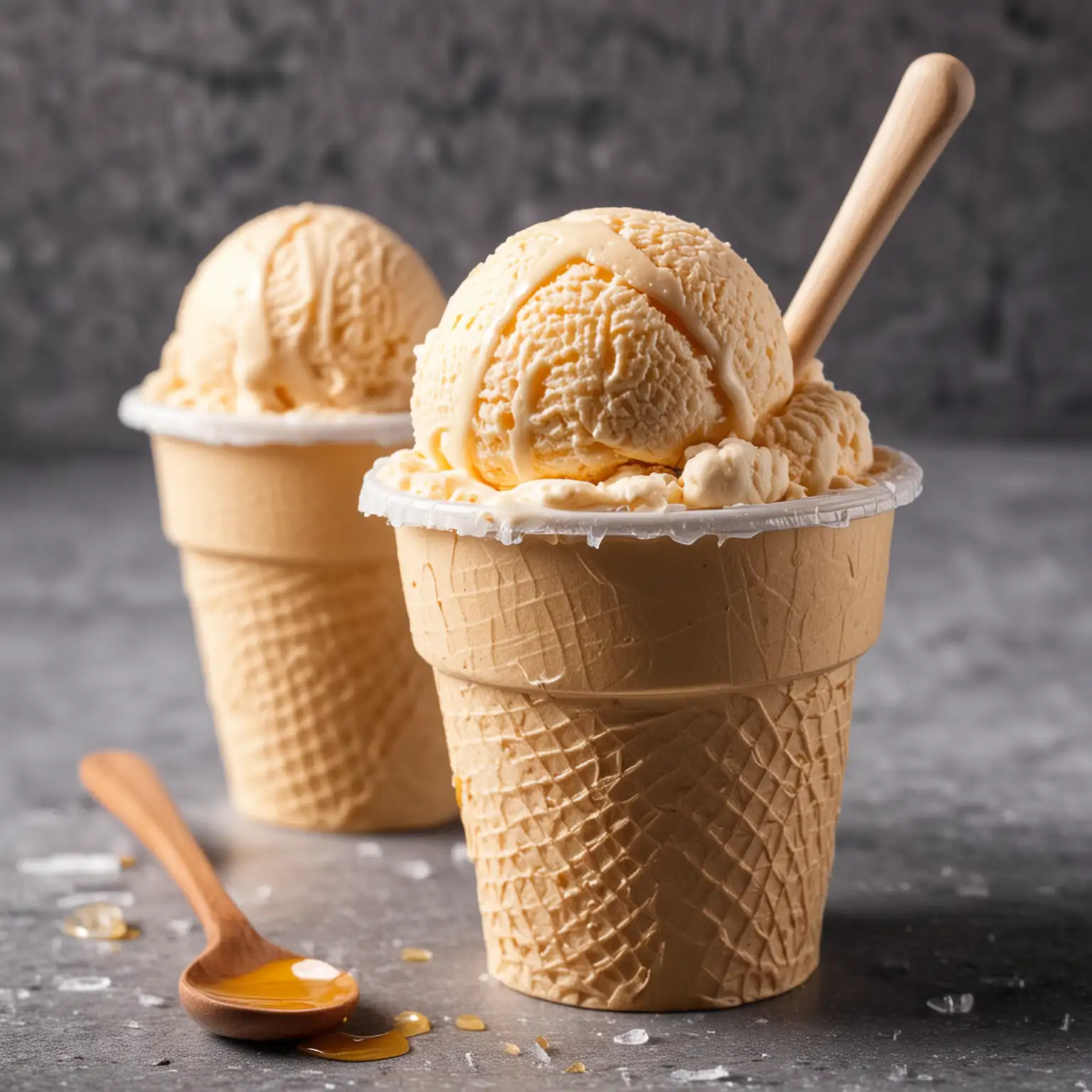 Honey flavored Ice cream. In disposable paper cup.  Spoon in ice cream.
