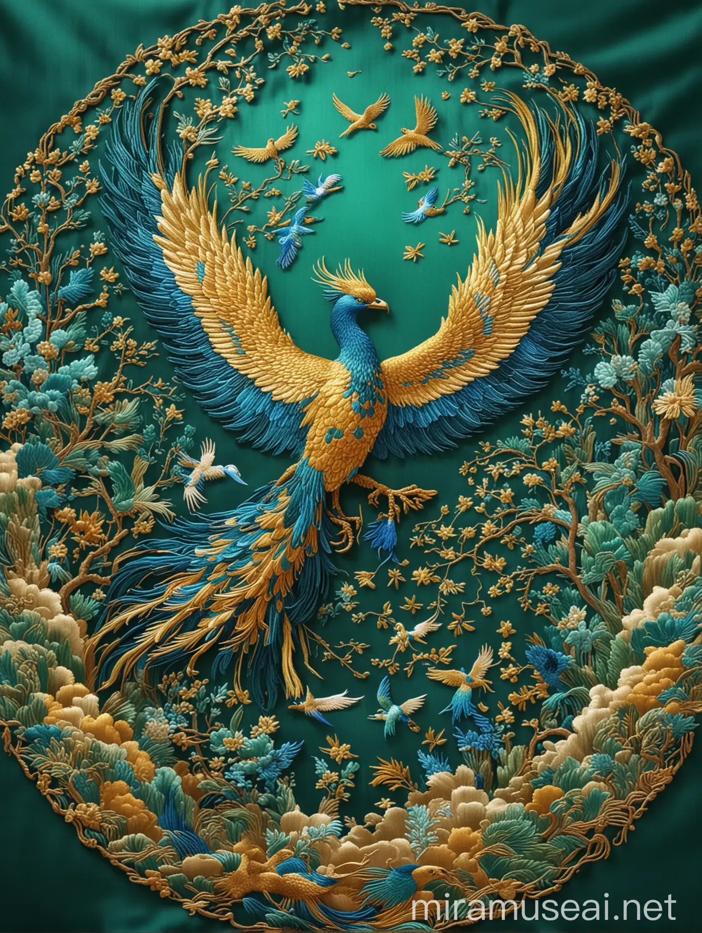 Golden Blue Green Phoenix Embroidery Art in Chinese Mythology Style