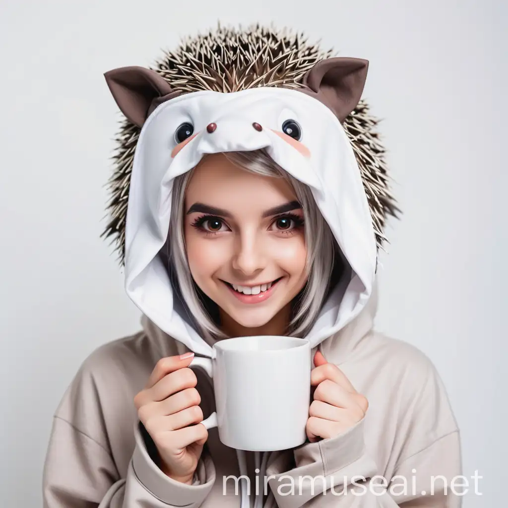 beautiful girl cosplay hedgehog in a hood smiling with a square white mug on a white background