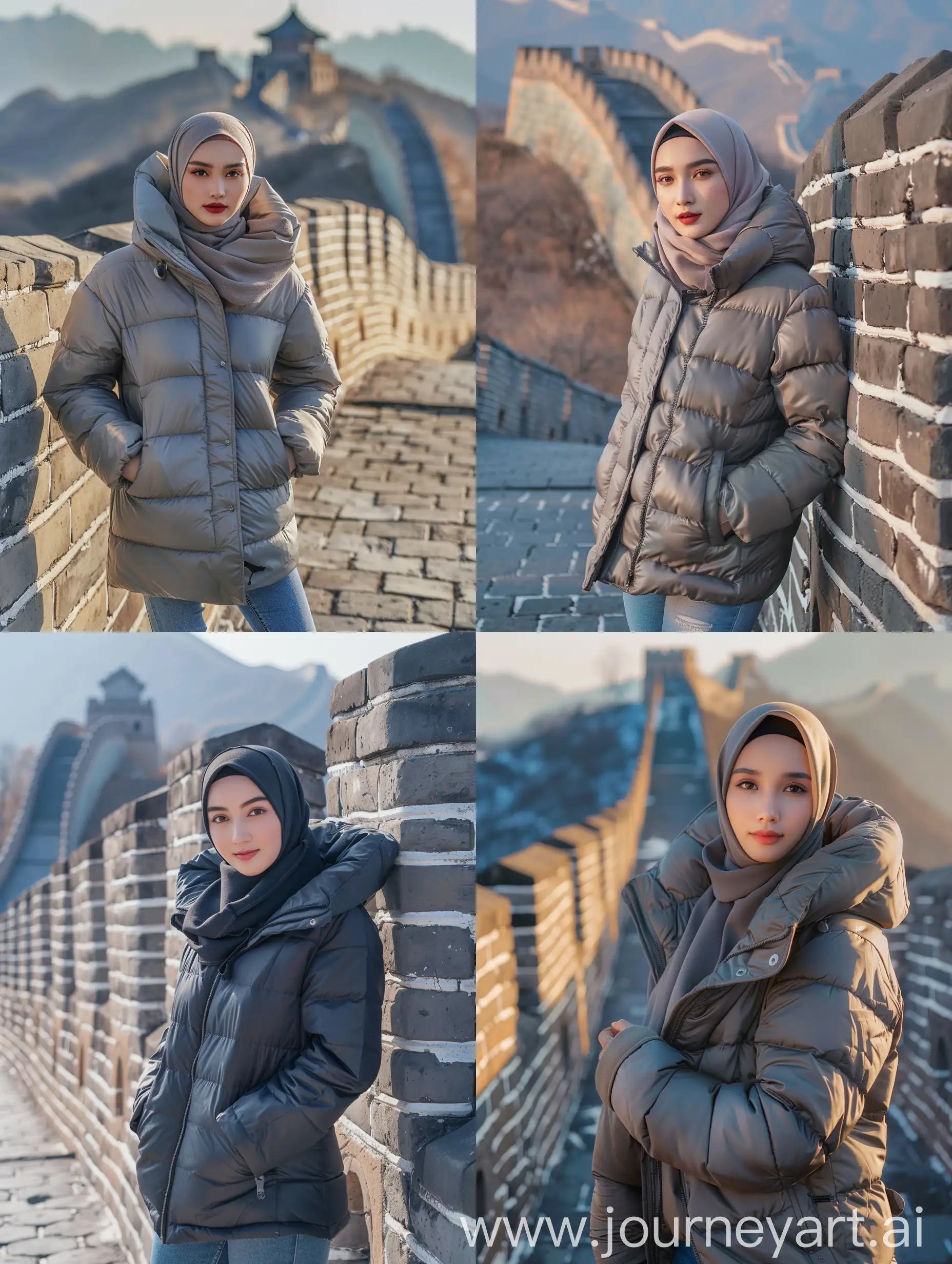 wanita Indonesia Jawa (25 tahun, wajah lonjong dan bersih, hijab, badan kurus, kulit ala Indonesia, memakai jaket musim dingin tebal, celana jeans) fokus fokus berdiri berpose bak model di Tembok Besar China, terlihat wajah, suasana pagi yang indah. ultra HD, foto asli, sangat detail, sangat tajam, lensa 18mm, realistis, fotografi, kamera leica