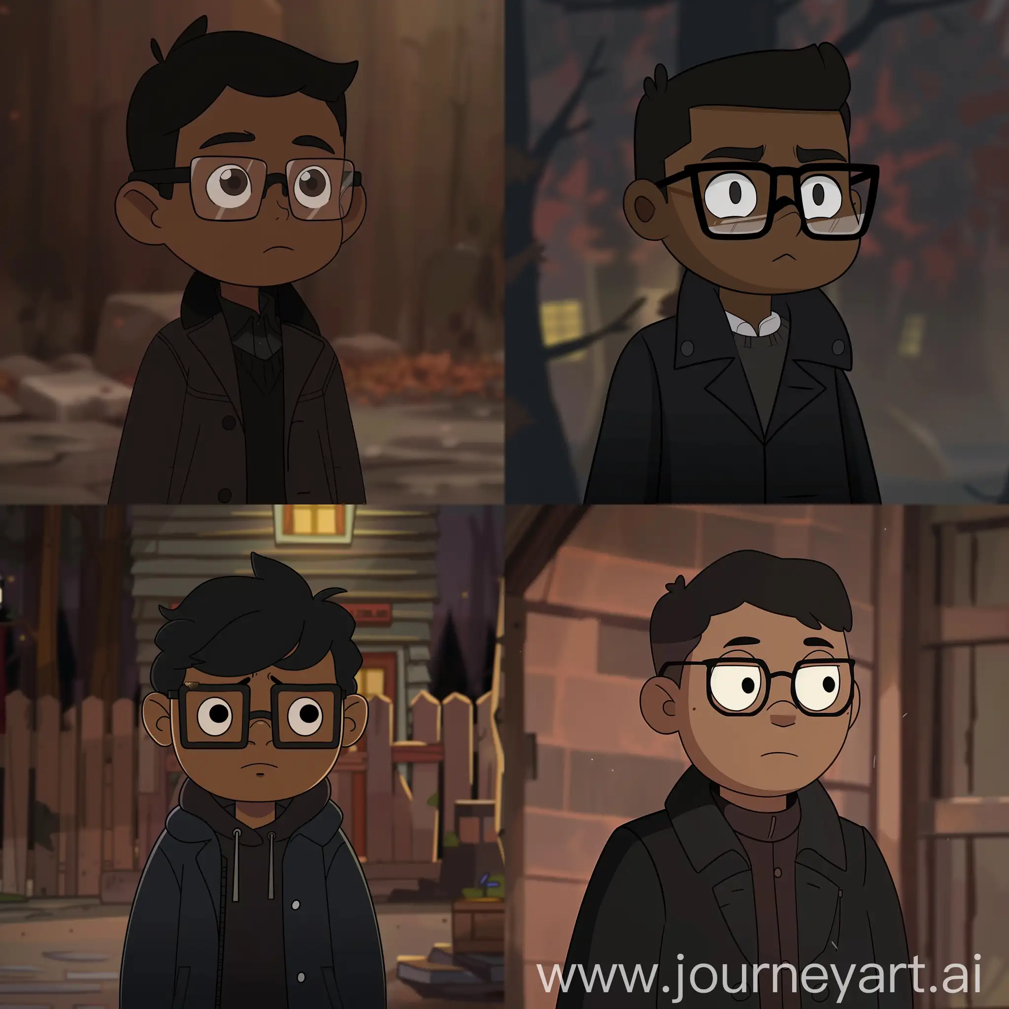 SCENE FROM GRAVITY FALLS ANIMATION OF CHARACTER A SLIGHTLY FAT DARK-SKINNED BOY WITH SHORT BLACK HAIR WEARING square glasses and black coat