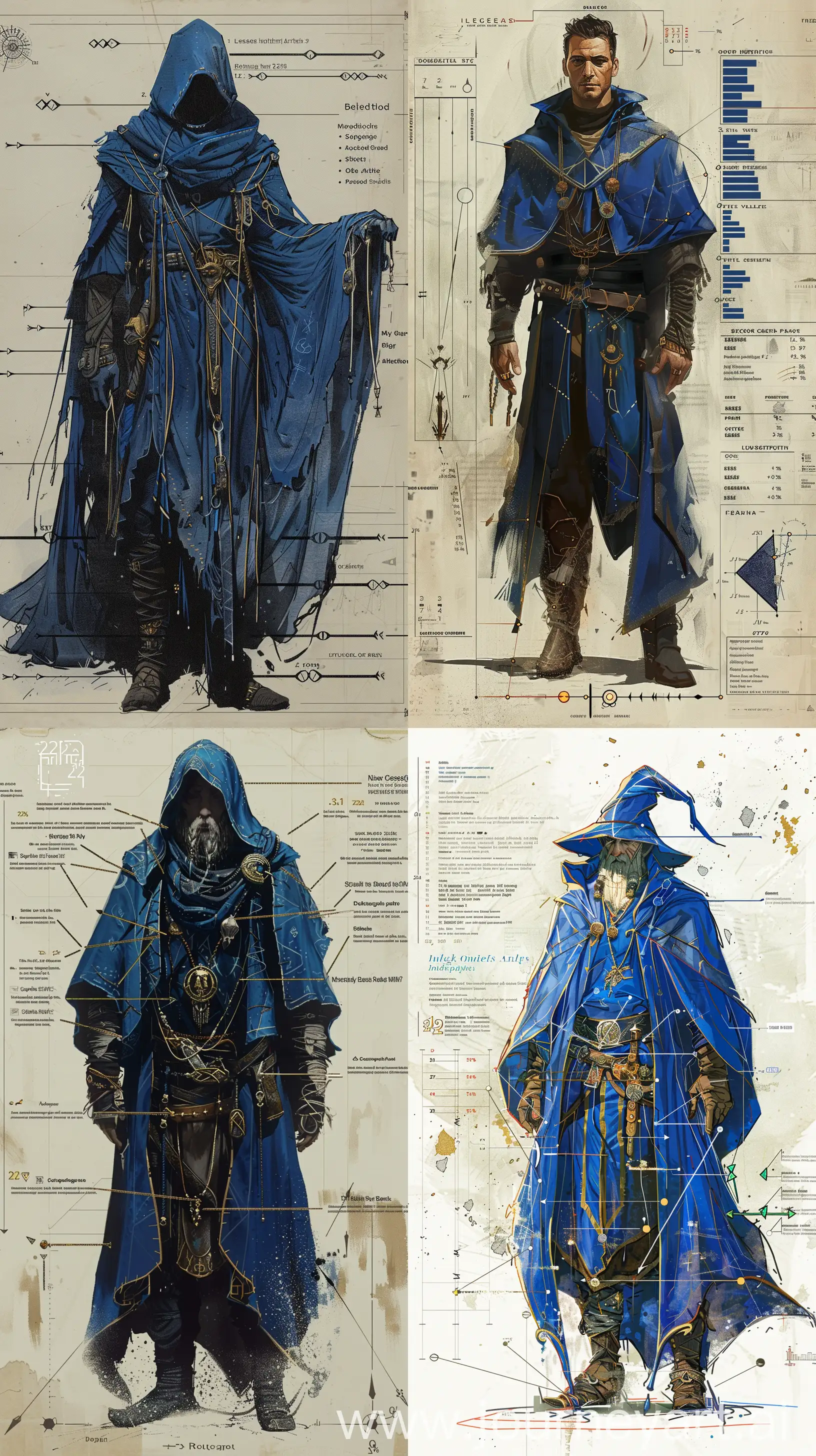 wizard, cheesemancy, blue robe, 22 years old Prompt: magazine, statistics, lines pointing to clothing and gear, detailed character from a dark, high epic fantasy, lots of details, graphs --ar 9:16