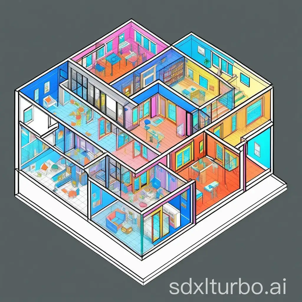 transparent, residential house, interior layout graph with color segmentation, flat roof, isometric view, black background, 2 story, wireframe