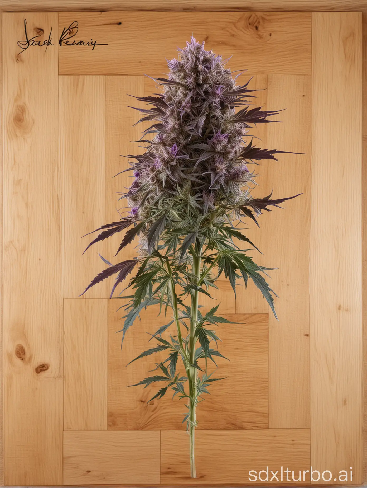 a beautiful cannabis plant; purple haze; main stem; plant is arranged on the left edge of the image and is only half visible; background in lightened oak wood design; Top right reads: "Jack, Queen, King, Grass"