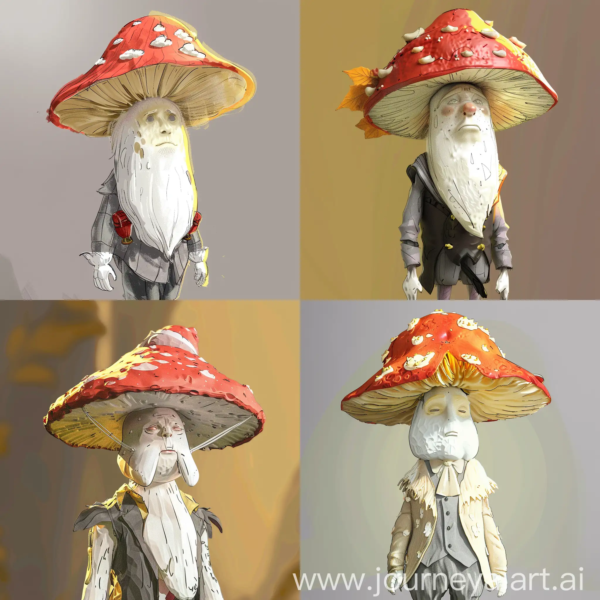 Realistic 3D League of legends style art of a humanoid mushroom with face and costume and white humita.