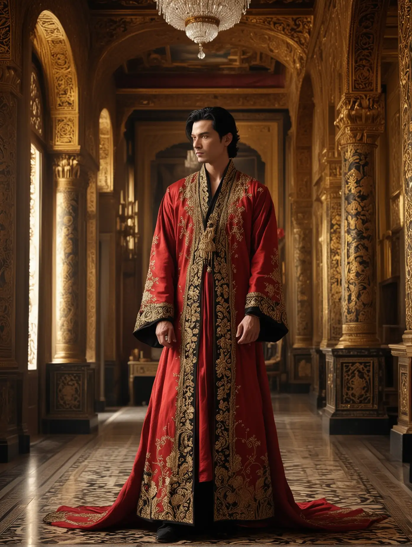 A handsome, masculine man with waist-length black hair stands in a golden palace. He is adorned in a grand red robe that drapes elegantly over his broad shoulders, the rich fabric contrasting vividly with the opulent surroundings. The robe, adorned with intricate golden embroidery, flows gracefully to the floor, enhancing his regal presence. The palace itself gleams with rich, golden hues, intricate designs, and lavish decor, complementing the man's striking appearance as he exudes an aura of strength and elegance, his hair flowing like a dark waterfall against the shimmering backdrop.