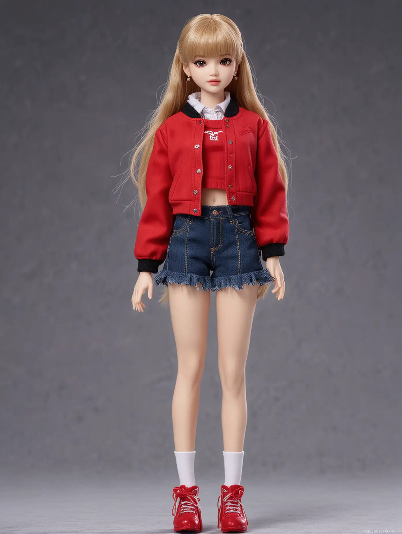 Blackpink Lisa Beautiful Doll. wearing a red jacket. Red shoes.