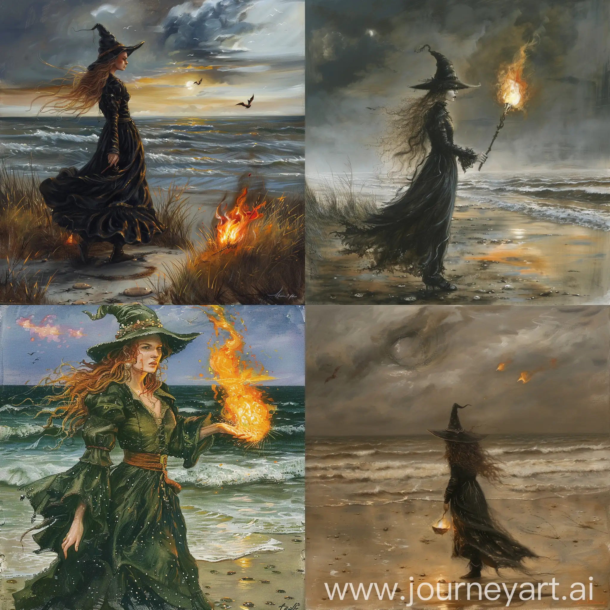 на берегу моря, ведьма, пламя