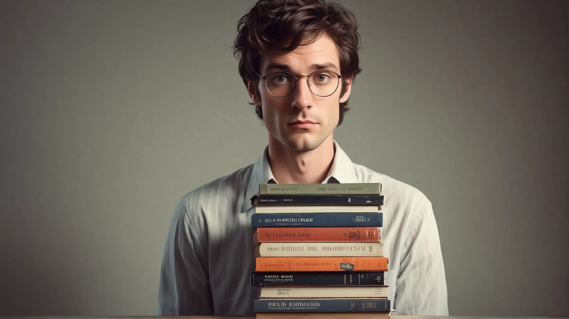 Classic portrait-style photography, skinny guy 30's, Trent Gill, timid, meek, highly intelligent, frightened, 1970's bushy hairstyle, holding stack of hard cover books on physics, photo realistic, cinematic lighting