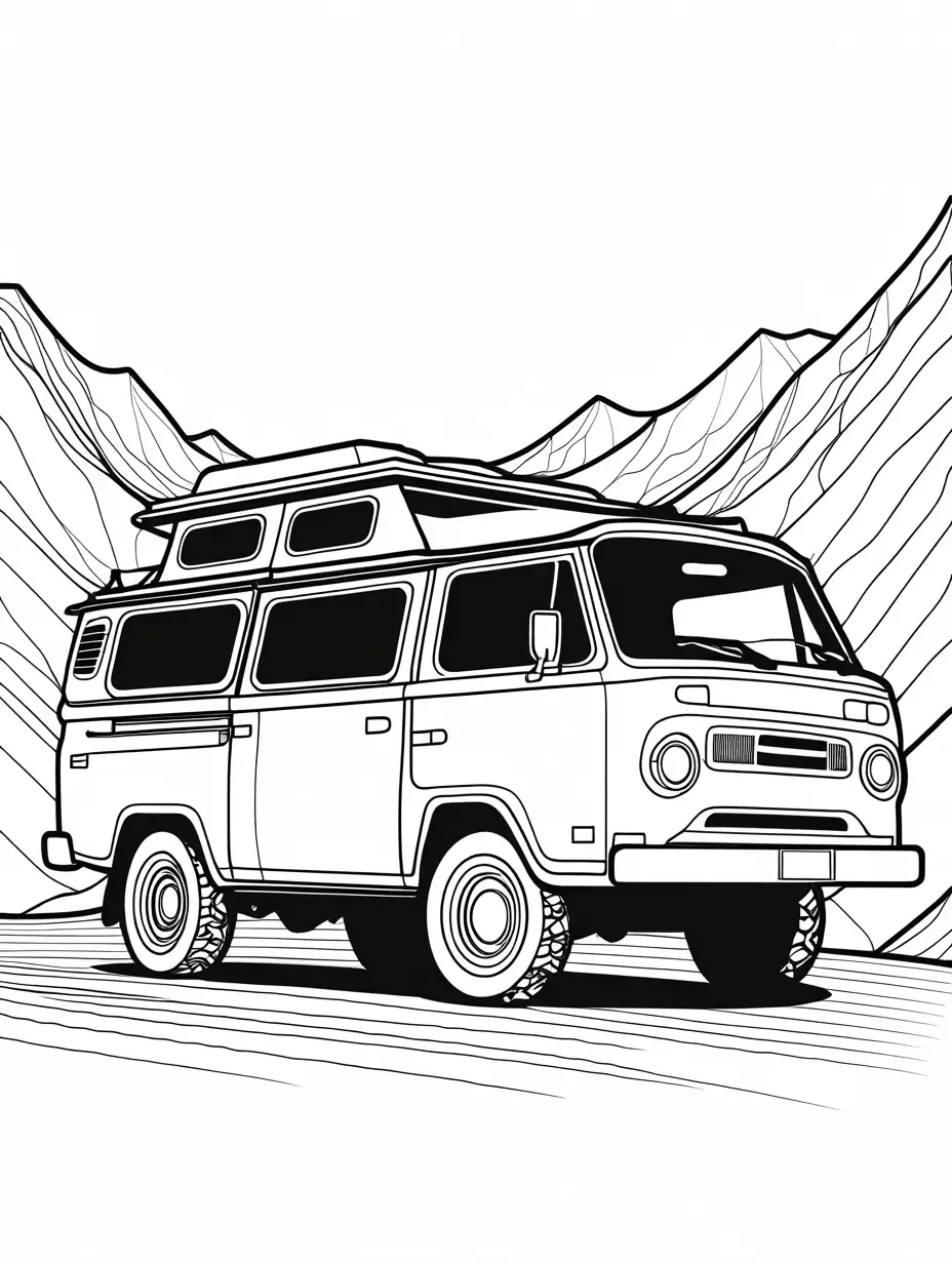 overlanding, toddler, thick lines, Coloring Page, black and white, line art, white background, Simplicity, Ample White Space. The background of the coloring page is plain white to make it easy for young children to color within the lines. The outlines of all the subjects are easy to distinguish, making it simple for kids to color without too much difficulty