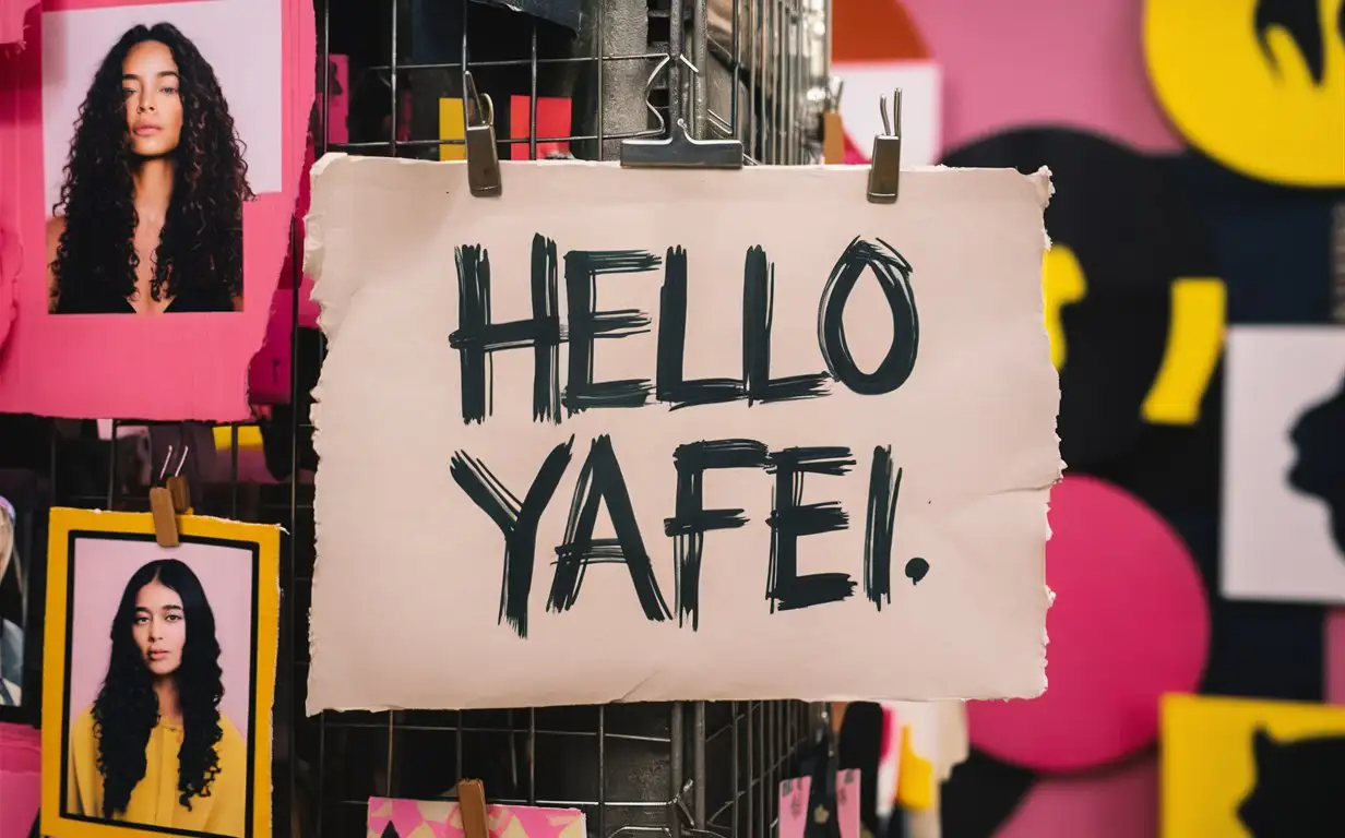 a photo of the text "hello yafei" written in marker on paper, displayed at an art gallery hanging from wire rack, next to other pieces of artwork and photographs of women with long hair, pink black yellow colors, blurred background. --ar 128:85 --v 6.0 --style raw