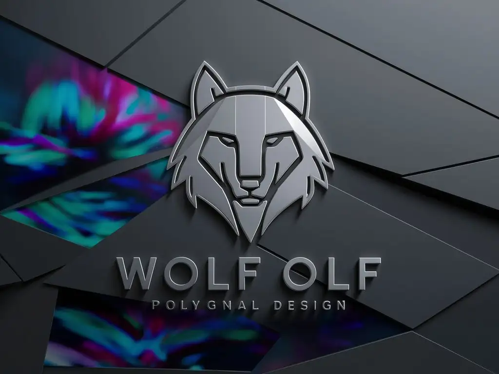 logo of wolf in simple polygon shape with colourful digital art on dark grey-black background as png