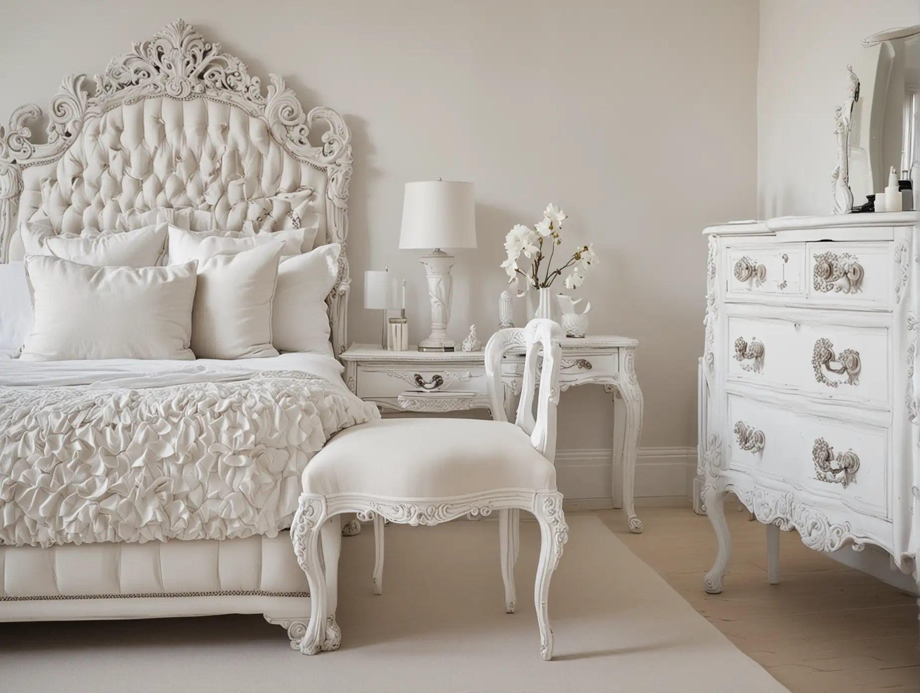 ORNATE WHITE CHAIR IN FRONT OF BED IN LUXURY WHITE BEDROOM