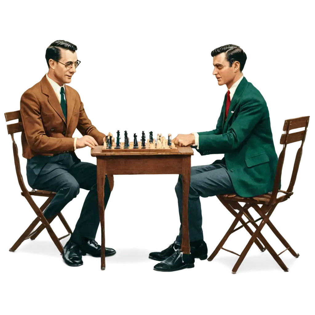 two vintage illustrated people sitting on chair an playing chess on table 
