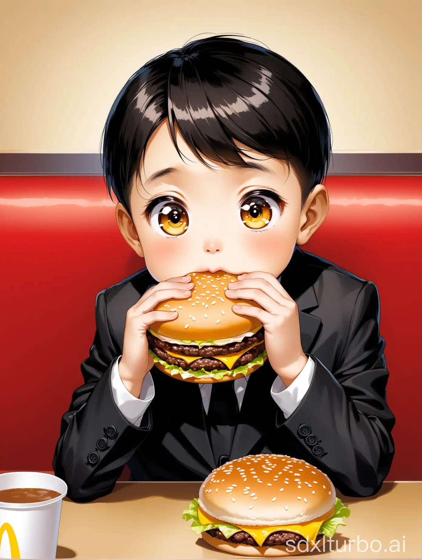 Young-Chinese-Boy-Enjoying-McDonalds-Burger-at-Table