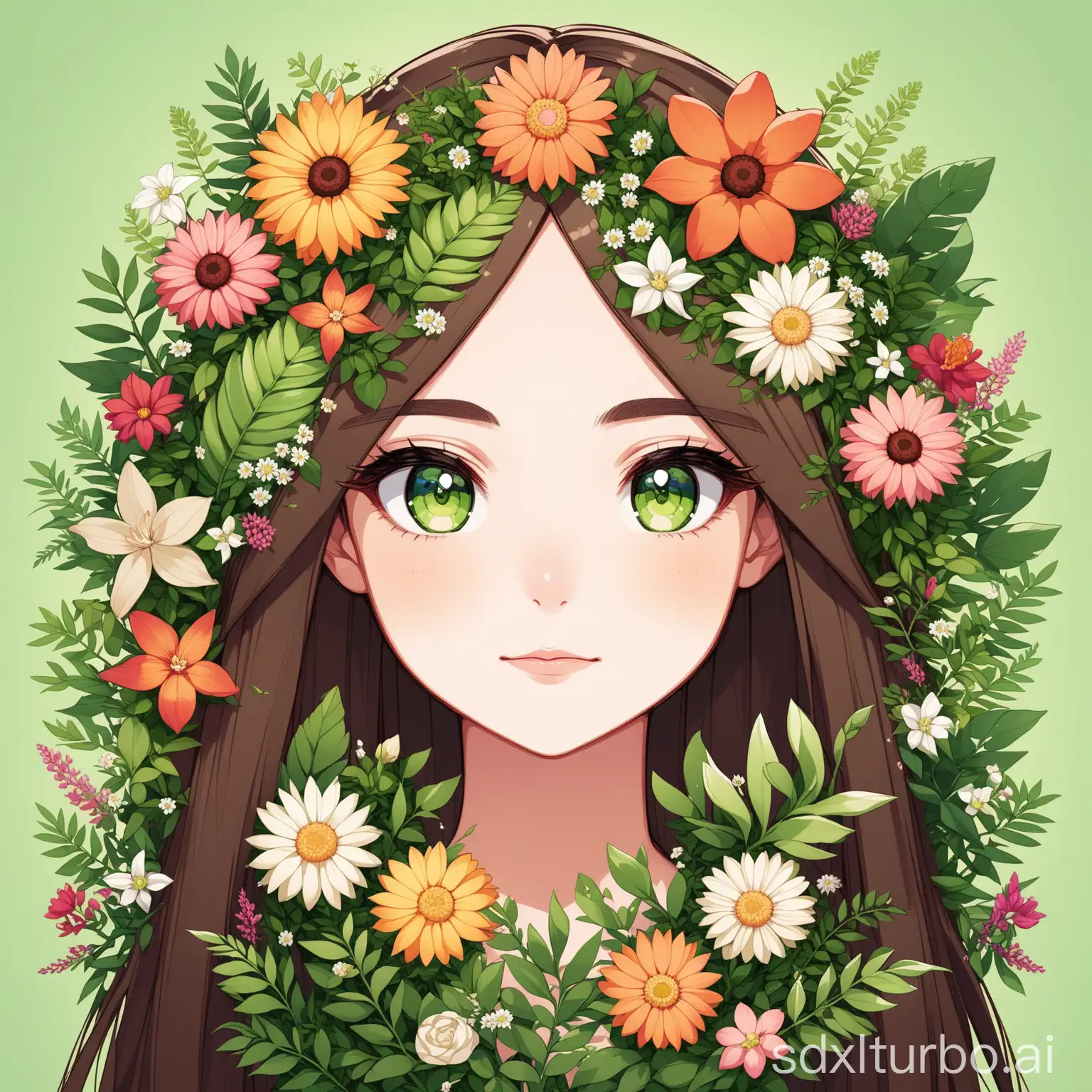 A cartoon portrait of a girl generated from flowers and plant specimens.