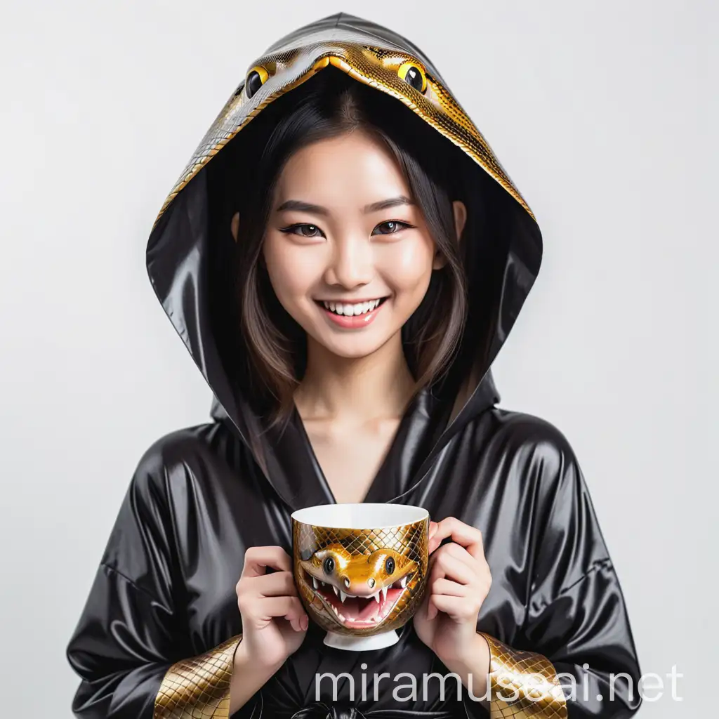 Nice Asian girl in a black jade golden hooded robe with a snake pattern smile with a white square cup on a white background
