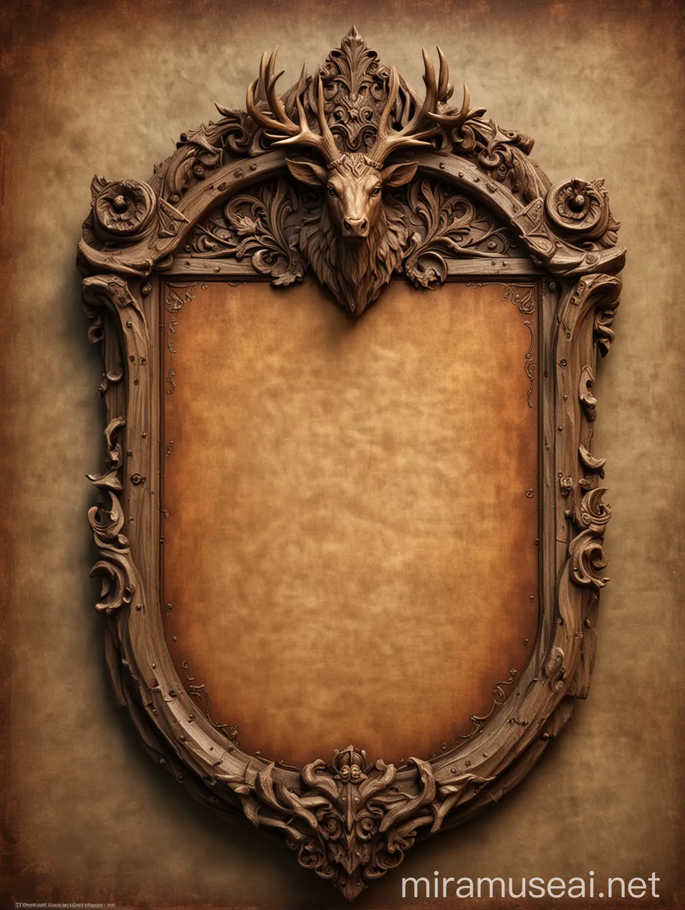 Create a banner image for a fantasy game guild. The image should depict a wooden notice board with an ornate top section that has a shield-shaped crest in the center featuring a stag's head. The notice board itself should be blank, allowing for text to be added later.  The overall dimensions of the image should be 1920x1080 pixels. Use a warm, earthy color palette with natural wood tones. Include detailed textures and weathering effects to make the notice board look authentic and aged. Pay close attention to lighting and shadows to make the design look realistic and three-dimensional.  The focus should be on the ornate top section and the blank notice board area. Avoid overly busy or cluttered backgrounds that would distract from the main elements.  Provide the image in a high-quality format (e.g. PNG) suitable for use in a video game or website.