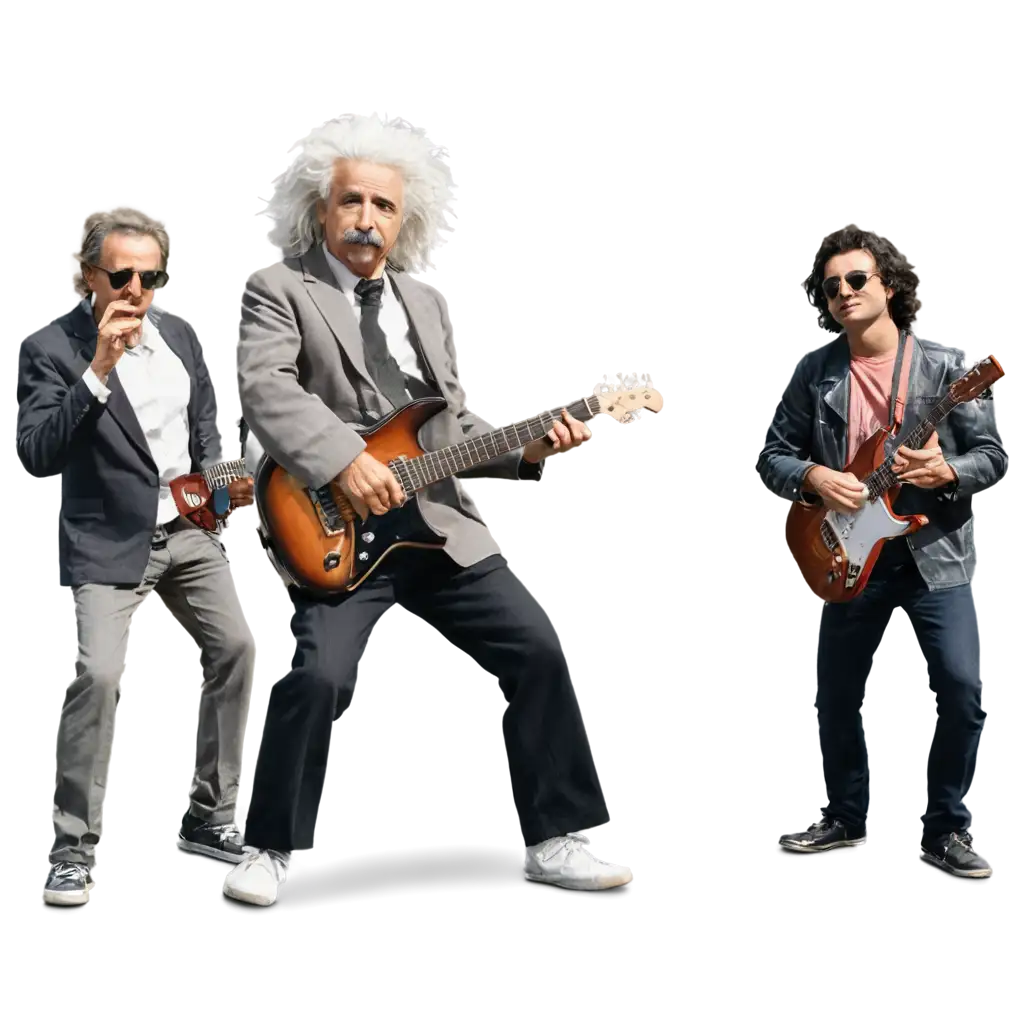 Albert Einstein tocando guitarra com uma banda de rock