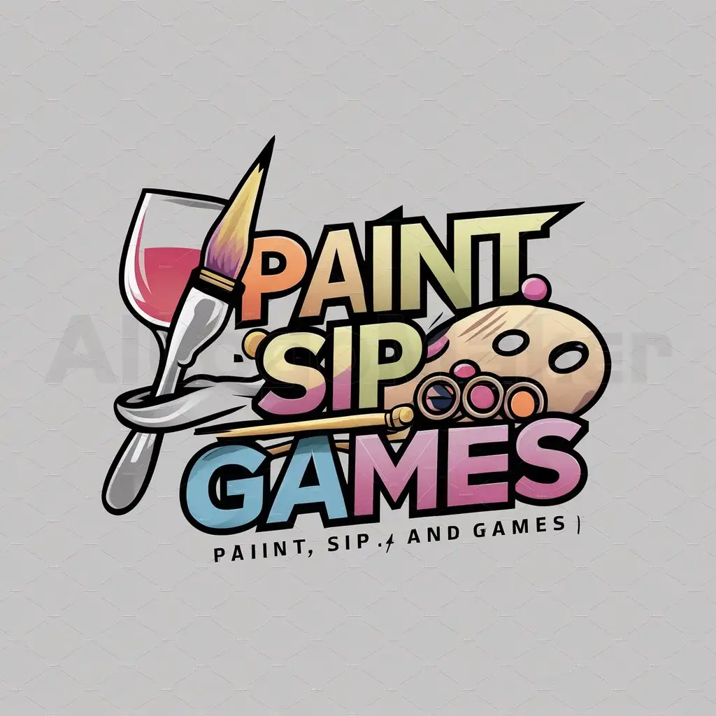 a logo design,with the text "Paint, sip and games", main symbol: Create a vibrant logo named "Paint and Sip." The logo should convey the spirit of your urban, hip-hop themed paint and sip project. Incorporate a paintbrush, wine glass, a Connect 4 board game, and a palette to represent the painting and sipping activities. Feature vivid and pastel colors that reflect the energetic and enjoyable atmosphere of the project. Ensure the design is modern, stylish, and echoes an urban, hip-hop mood.,Moderate,be used in Others industry,clear background