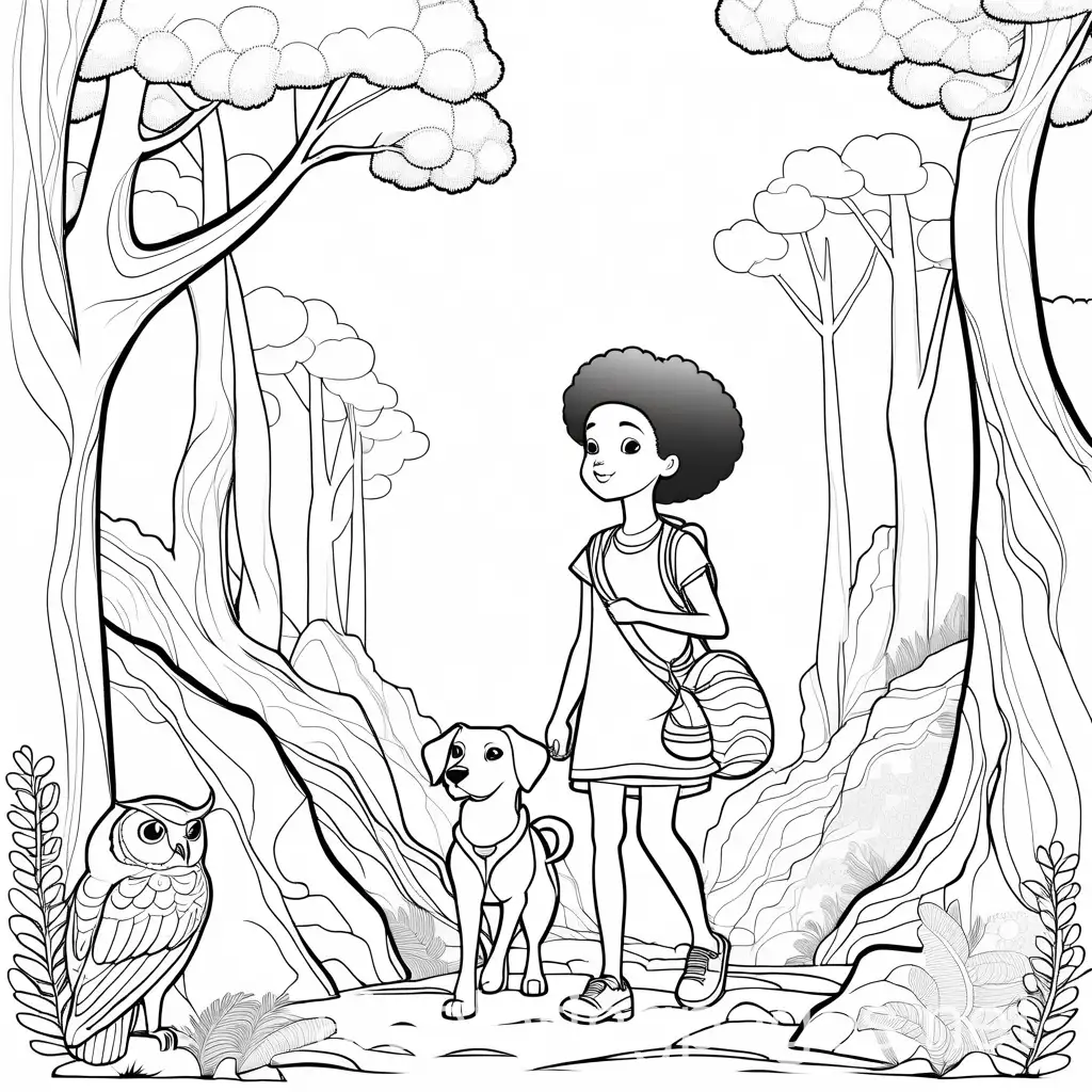 adorable african girl in colorful clothing travel with her pet dog and owl travel from the thick  pine tree covered forest to some caves they venture into the dark to find the light," she added, feeling a profound sense of purpose, Coloring Page, black and white, line art, white background, Simplicity, Ample White Space. The background of the coloring page is plain white to make it easy for young children to color within the lines. The outlines of all the subjects are easy to distinguish, making it simple for kids to color without too much difficulty