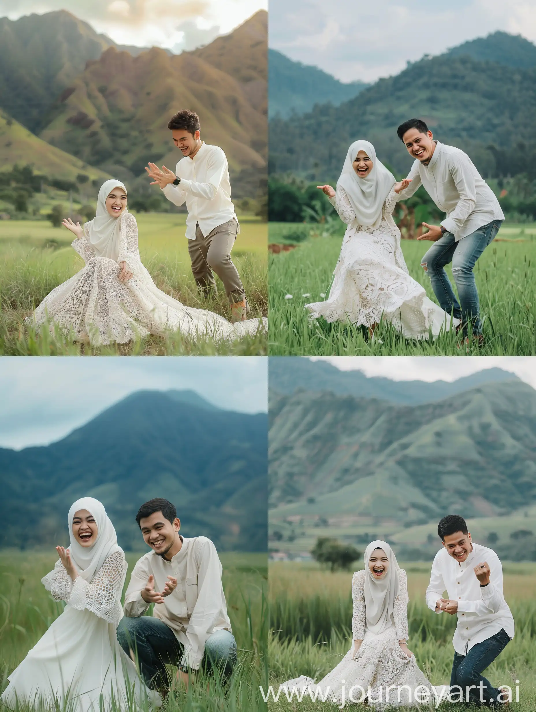 An enchanting photo of an Indonesian couple doing the laughing pose. She is wearing a hijab and long white dress while he wears a plain shirt with jeans pants. They stand in front of a green grass field near mountains in the background. The woman poses on her knees while the man poses next to his wife making a hand up gesture as if to laugh.