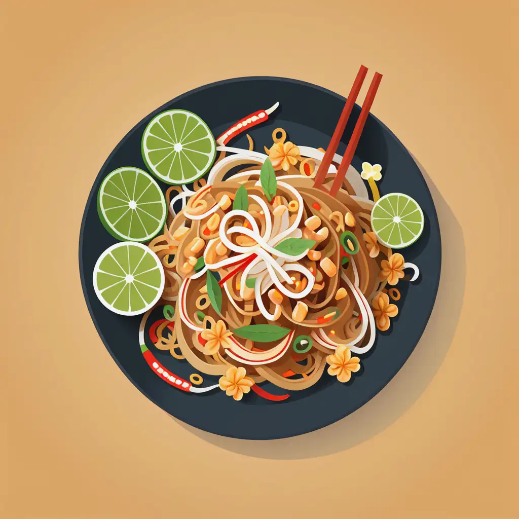 Flat Vector Design of Pad Thai Noodles with Vegetables and Garnishes